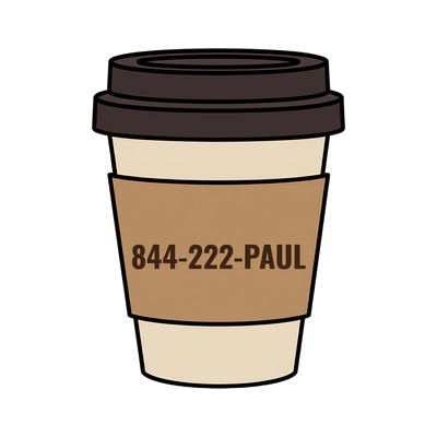 844-222-PAUL on a coffee cup