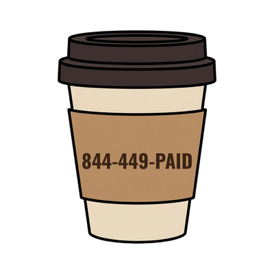 844-449-PAID on a coffee cup