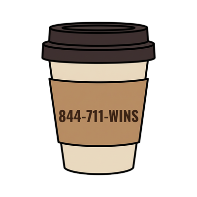 844-711-WINS on a coffee cup