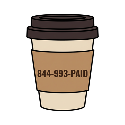 844-993-PAID on a coffee cup