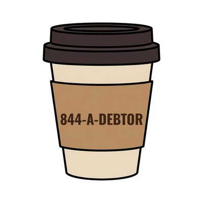 844-A-DEBTOR on a coffee cup
