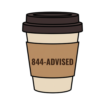 844-ADVISED on a coffee cup