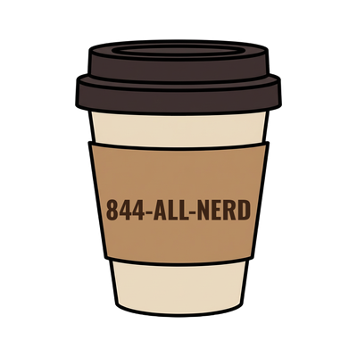 844-ALL-NERD on a coffee cup