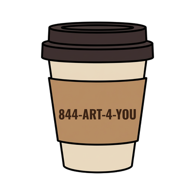 844-ART-4-YOU on a coffee cup