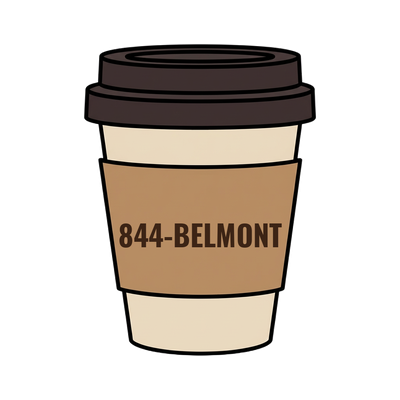 844-BELMONT on a coffee cup