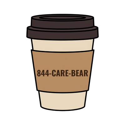 844-CARE-BEAR on a coffee cup