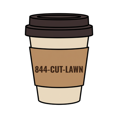 844-CUT-LAWN on a coffee cup