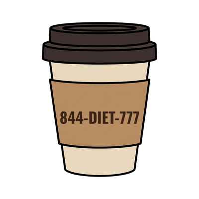 844-DIET-777 on a coffee cup