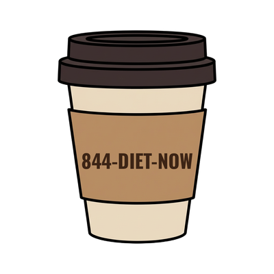 844-DIET-NOW on a coffee cup