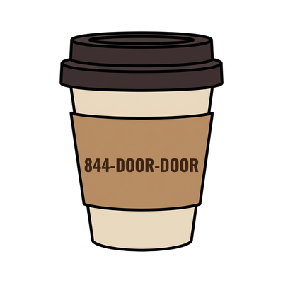 844-DOOR-DOOR on a coffee cup