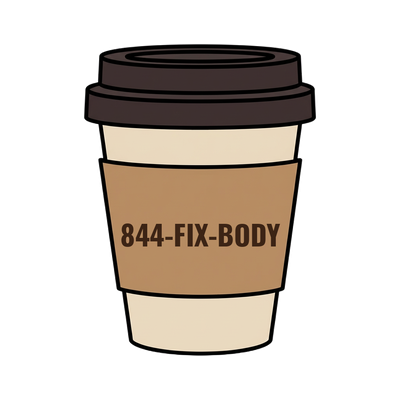 844-FIX-BODY on a coffee cup