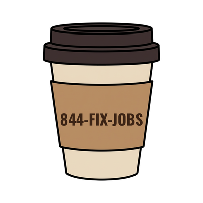 844-FIX-JOBS on a coffee cup