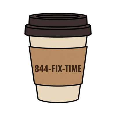 844-FIX-TIME on a coffee cup