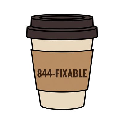 844-FIXABLE on a coffee cup