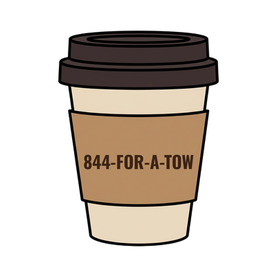 844-FOR-A-TOW on a coffee cup