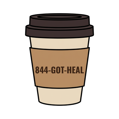 844-GOT-HEAL on a coffee cup