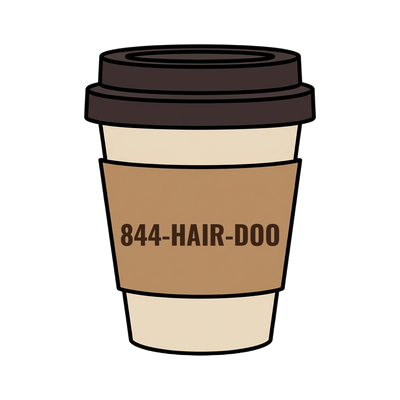 844-HAIR-DOO on a coffee cup
