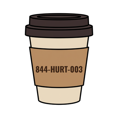 844-HURT-003 on a coffee cup
