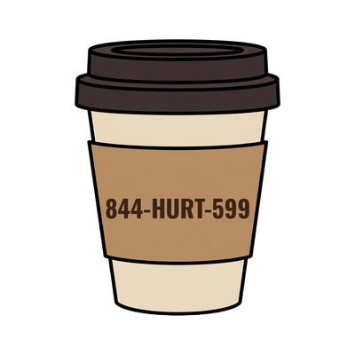 844-HURT-599 on a coffee cup