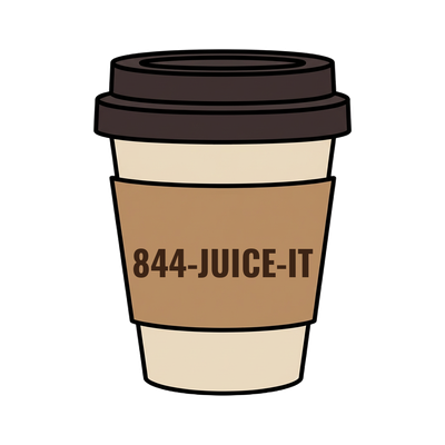 844-JUICE-IT on a coffee cup