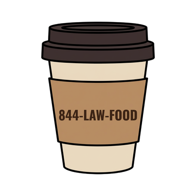 844-LAW-FOOD on a coffee cup