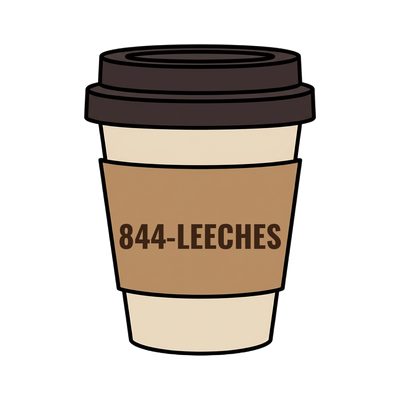 844-LEECHES on a coffee cup