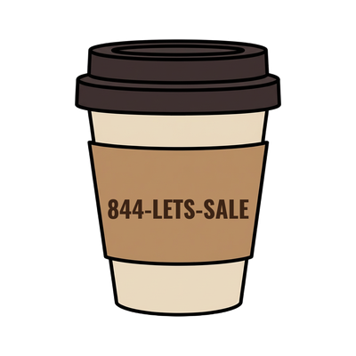 844-LETS-SALE on a coffee cup