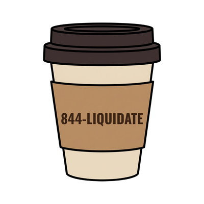 844-LIQUIDATE on a coffee cup