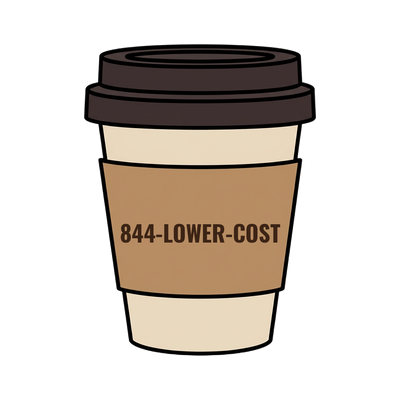 844-LOWER-COST on a coffee cup