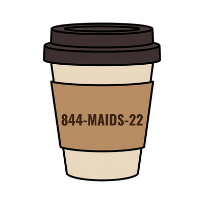 844-MAIDS-22 on a coffee cup