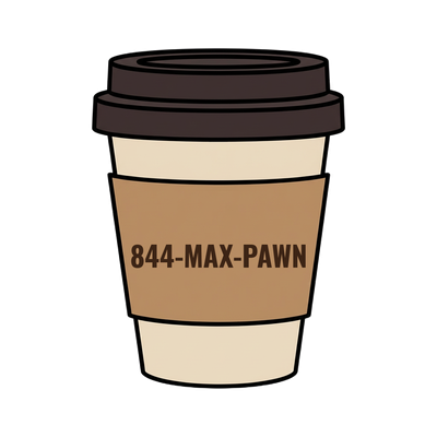 844-MAX-PAWN on a coffee cup