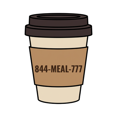 844-MEAL-777 on a coffee cup