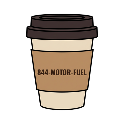 844-MOTOR-FUEL on a coffee cup