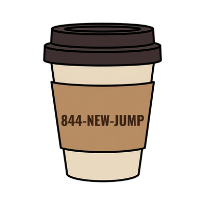 844-NEW-JUMP on a coffee cup