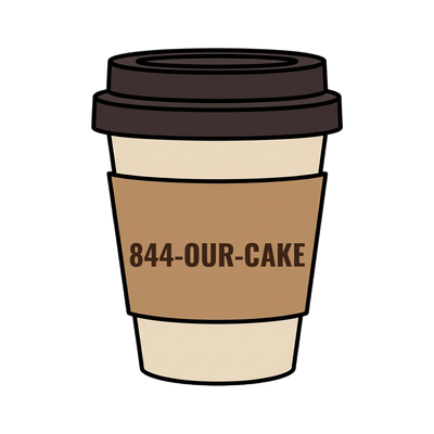 844-OUR-CAKE on a coffee cup