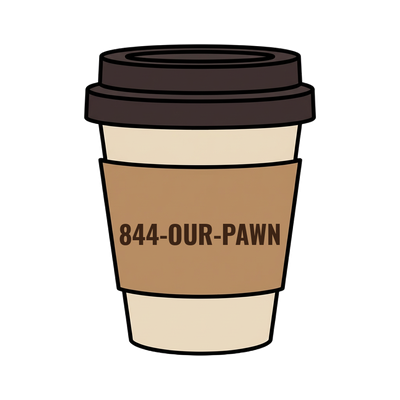 844-OUR-PAWN on a coffee cup