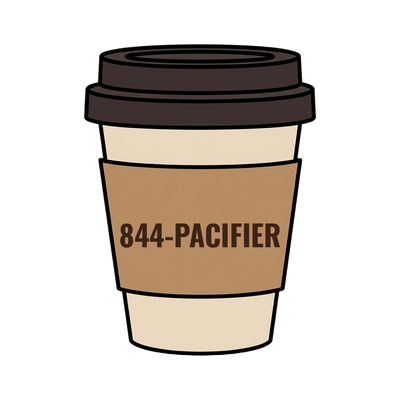 844-PACIFIER on a coffee cup