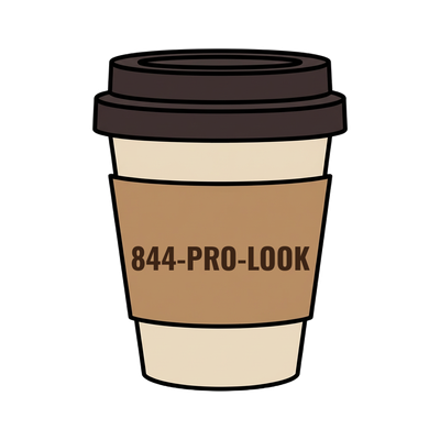 844-PRO-LOOK on a coffee cup