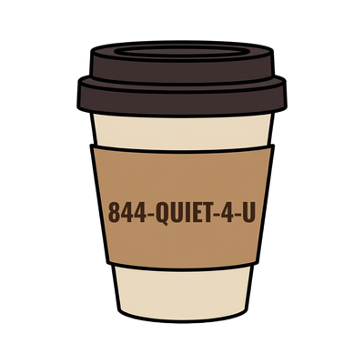 844-QUIET-4-U on a coffee cup