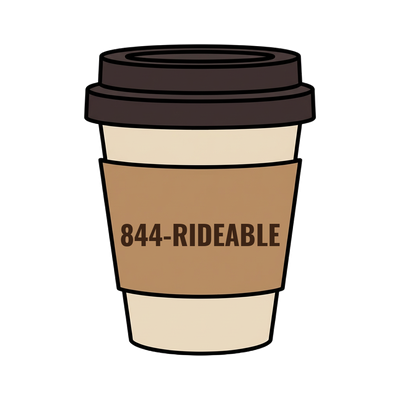 844-RIDEABLE on a coffee cup