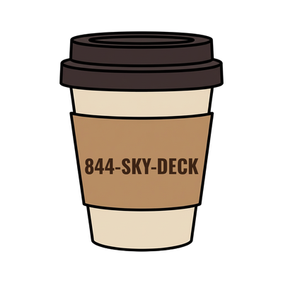 844-SKY-DECK on a coffee cup