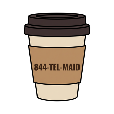 844-TEL-MAID on a coffee cup