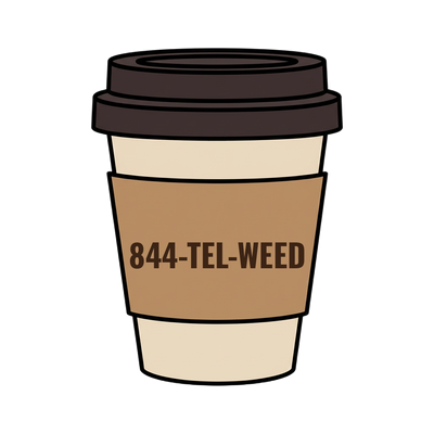 844-TEL-WEED on a coffee cup