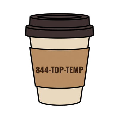 844-TOP-TEMP on a coffee cup