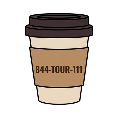 844-TOUR-111 on a coffee cup