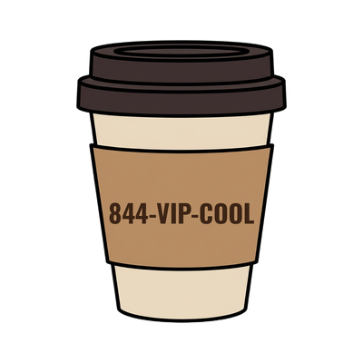 844-VIP-COOL on a coffee cup