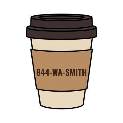 844-WA-SMITH on a coffee cup