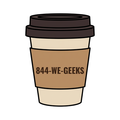 844-WE-GEEKS on a coffee cup