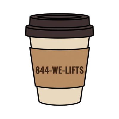 844-WE-LIFTS on a coffee cup