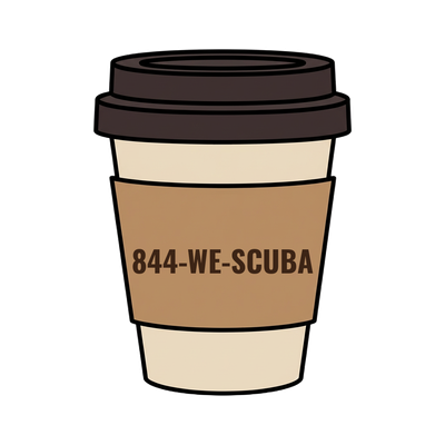 844-WE-SCUBA on a coffee cup